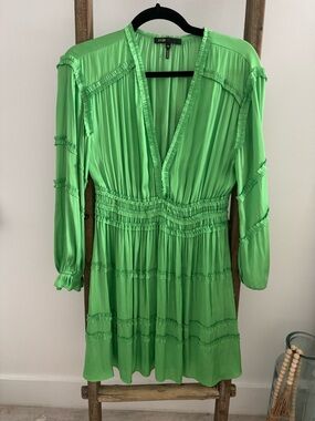 Maje Lime Green Ruffle-Trim V-Neck Dress